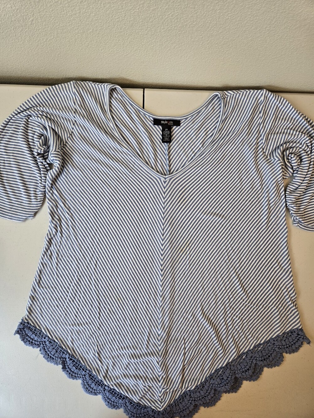 Style & Co. Striped V-Neck Tunic with Crochet Lace Trim in White and Navy 2X